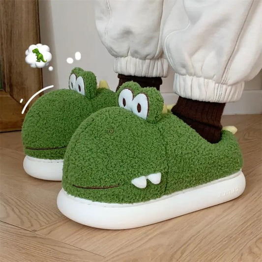 Fuzzy Slippers Warm Indoor Postpartum Cotton Shoes For Women Cute Winter Dinosaur Design by Dropshipman