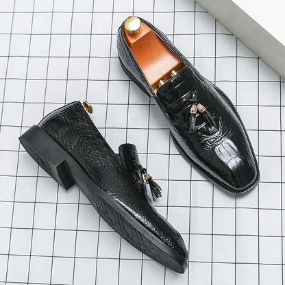 Mens Korean-style Crocodile-pattern Embossed Tassel Leather Shoes by Dropshipman