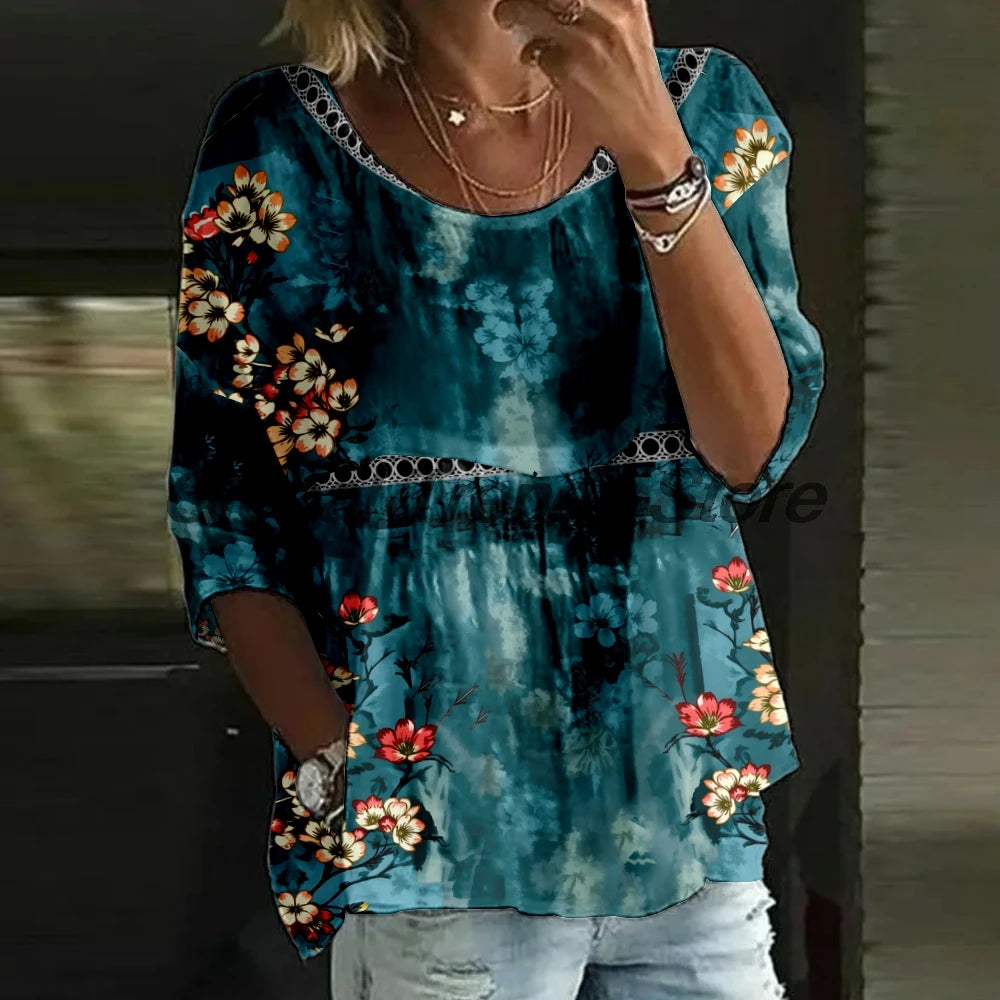 Women's Watercolor Floral Print 3/4 Sleeve Blouse Loose Fit Crew Neck Tunic Tops Lady's Daily Top Shirts by All Mart Bristol Ltd