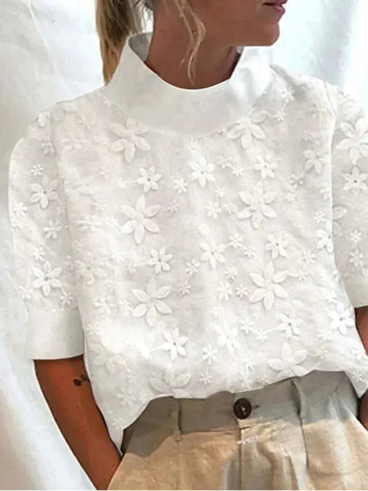 Women's Cotton Linen Pullover Shirt, Elegant Lace Trim Slim Fit Stand Collar Top for Summer Streetwear by All Mart Bristol Ltd