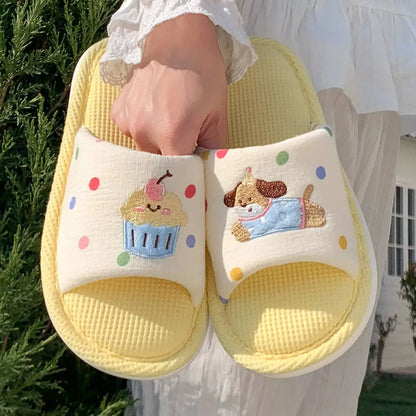 Women's Cartoon Embroidery Linen Slippers, Breathable Cotton Linen House Shoes, Comfortable Non-Slip Indoor Home Slides by All Mart Bristol Ltd
