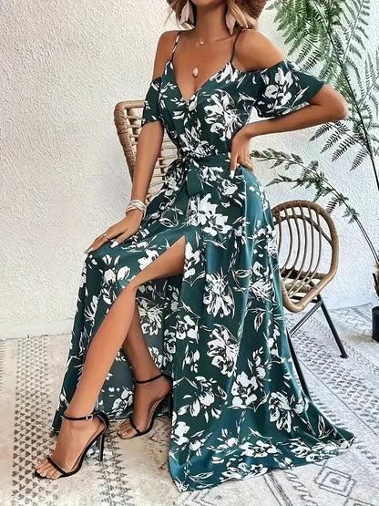 Ins Off-Shoulder Split Dress Summer Floral Print Suspender Long Dresses With Belt Design Women's Beach Clothing by Dropshipman