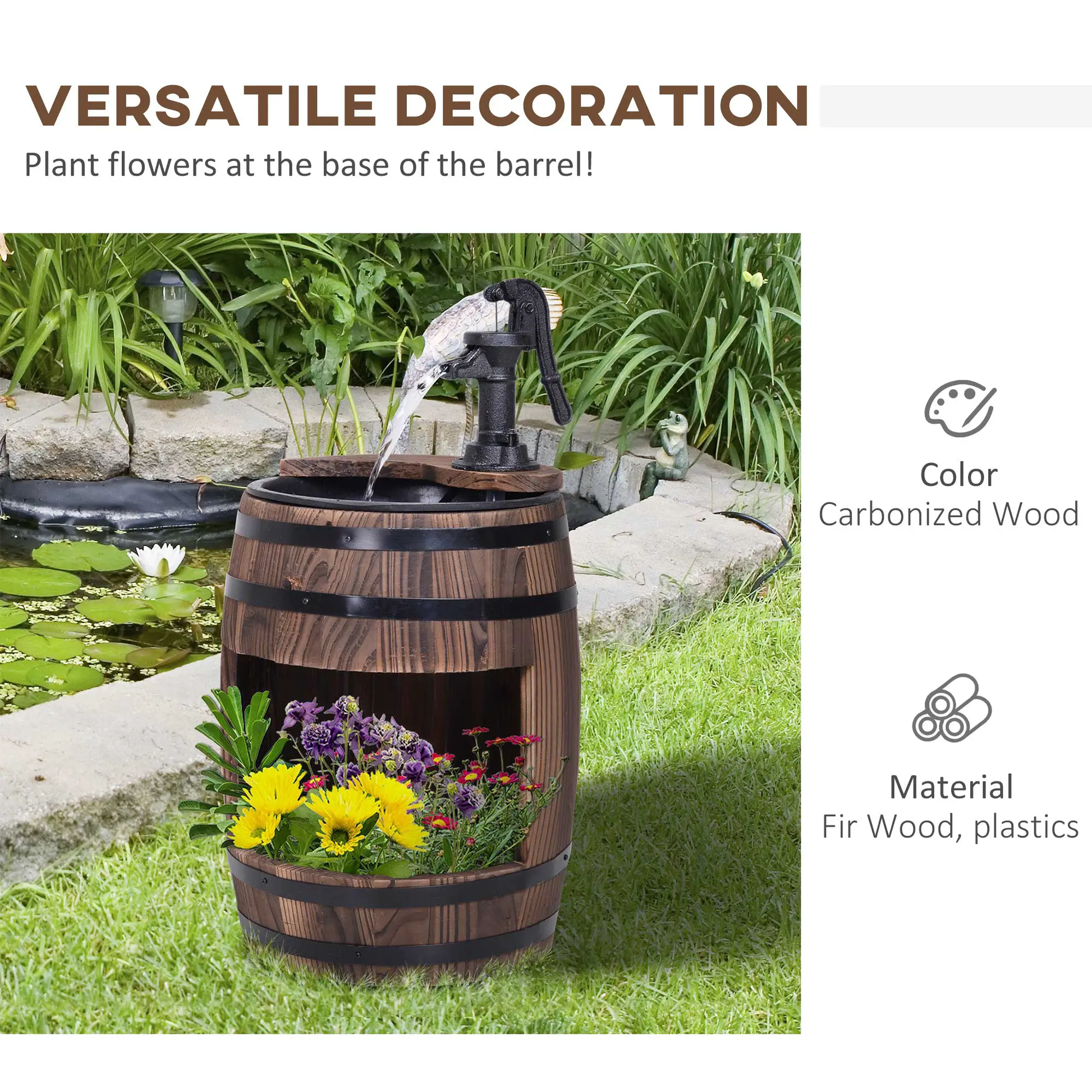 Outsunny Wood Barrel Pump Garden Fountain Water Feature Flower Planter Stand New by Outsunny