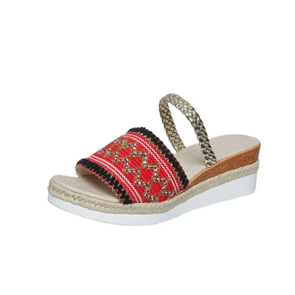 New Color-blocked Wave-patterned Sandals Summer Fashion Wedges Slippers Outdoor Ethnic Style One-line Thick-soled Shoes For Women by Dropshipman