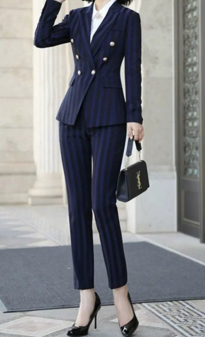 Navy stripped 2-piece pants suit (UK size 6) by EDKAY COLLECTION UK