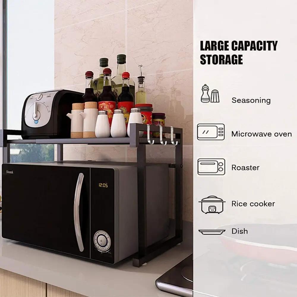 Black single-layer double bar with 6 hooks and extendable kitchen storage rack by N/A