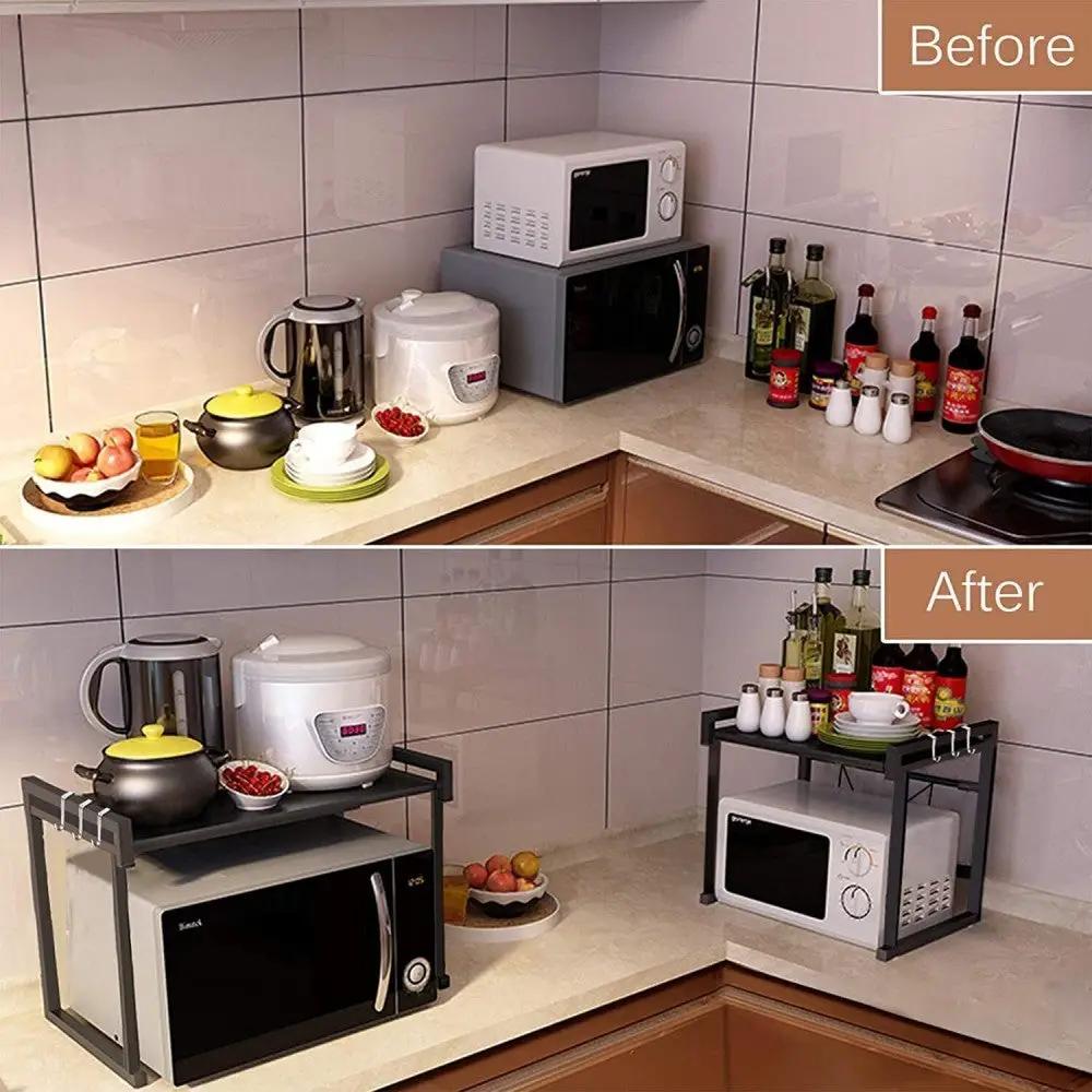 Black single-layer double bar with 6 hooks and extendable kitchen storage rack by N/A