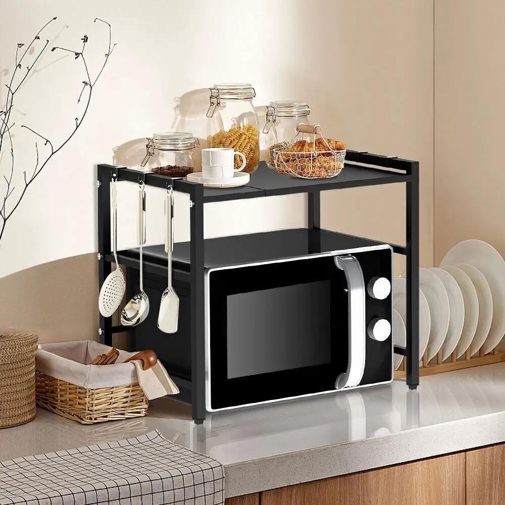 Black single-layer double bar with 6 hooks and extendable kitchen storage rack by N/A