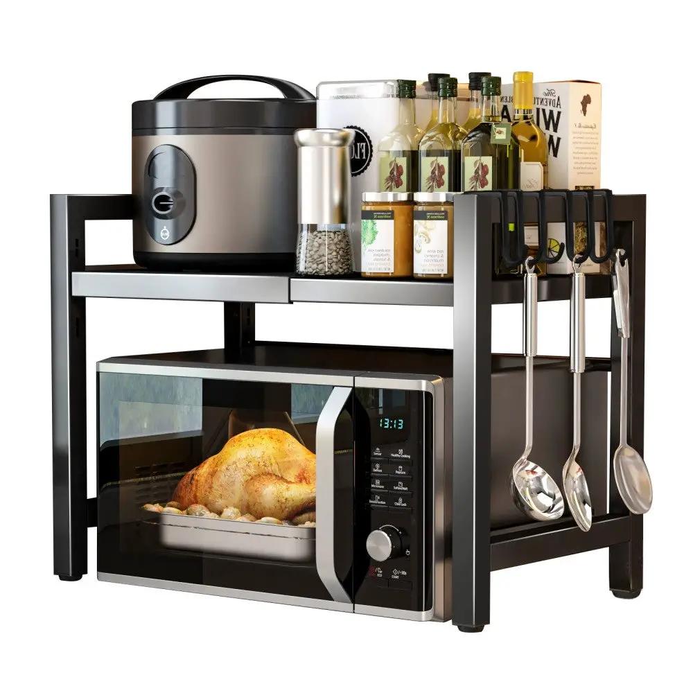 Black single-layer double bar with 6 hooks and extendable kitchen storage rack by N/A