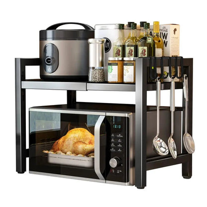 Black single-layer double bar with 6 hooks and extendable kitchen storage rack by N/A