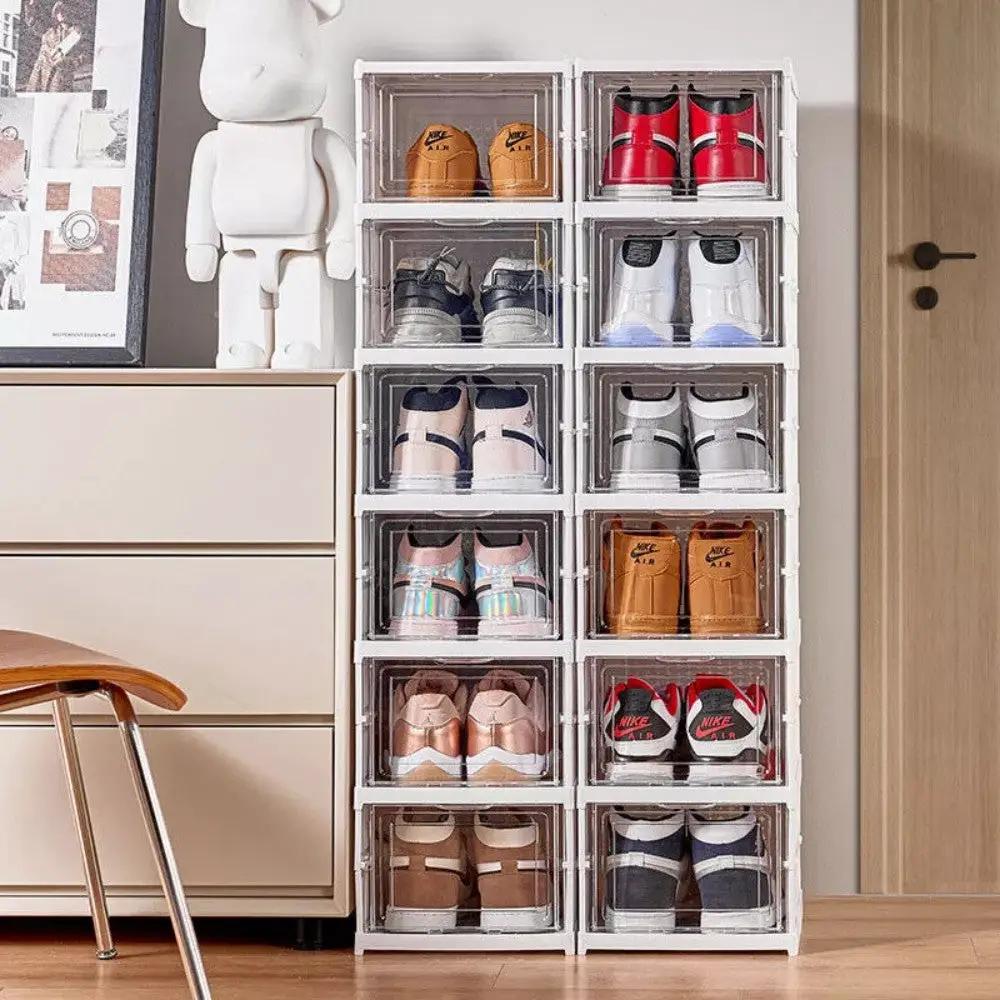 6 Tier Plastic Shoe Storage Box Stackable Foldable Boxes Trainers Organiser by N/A