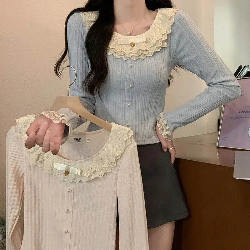 Women's 2026 Spring Autumn New Sweet Cute Lace Thin Short Slim Fit Crew Neck Long Sleeve T Shirt Base Top by All Mart Bristol Ltd