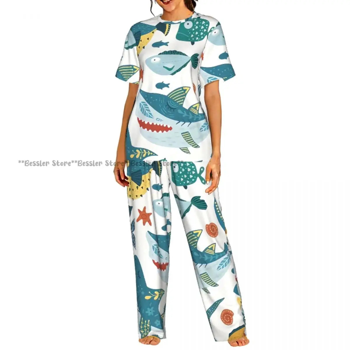 Women's Comfort Pajamas Women's Sea Fish Marine Life Short Sleeve Set Sleepwear by All Mart Bristol Ltd