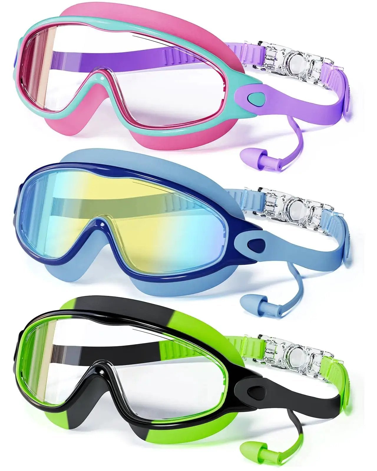 MERSUN 3 Pack Swimming Goggles, Kid Goggles with Earplugs Large Frame Anti-Fog/Uv Wide View Swim Goggles Boys Girls 4-12 by All Mart Bristol Ltd