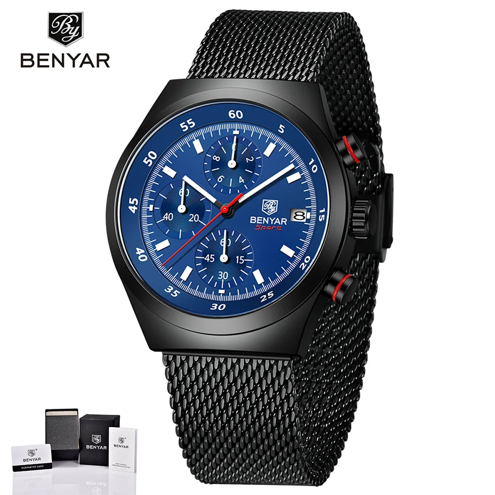 BENYAR Top Luxury Brand Men's Business Leisure Watch Mesh Band Quartz Timing Men's Watch 30 Meter Waterproof by All Mart Bristol Ltd