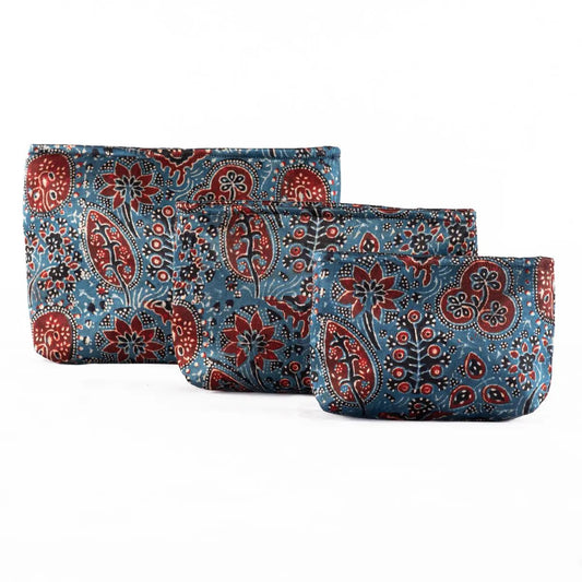 Hand-block Print Silk Travel Case Set of 3 - Blue Red Black Floral by SVEZElife
