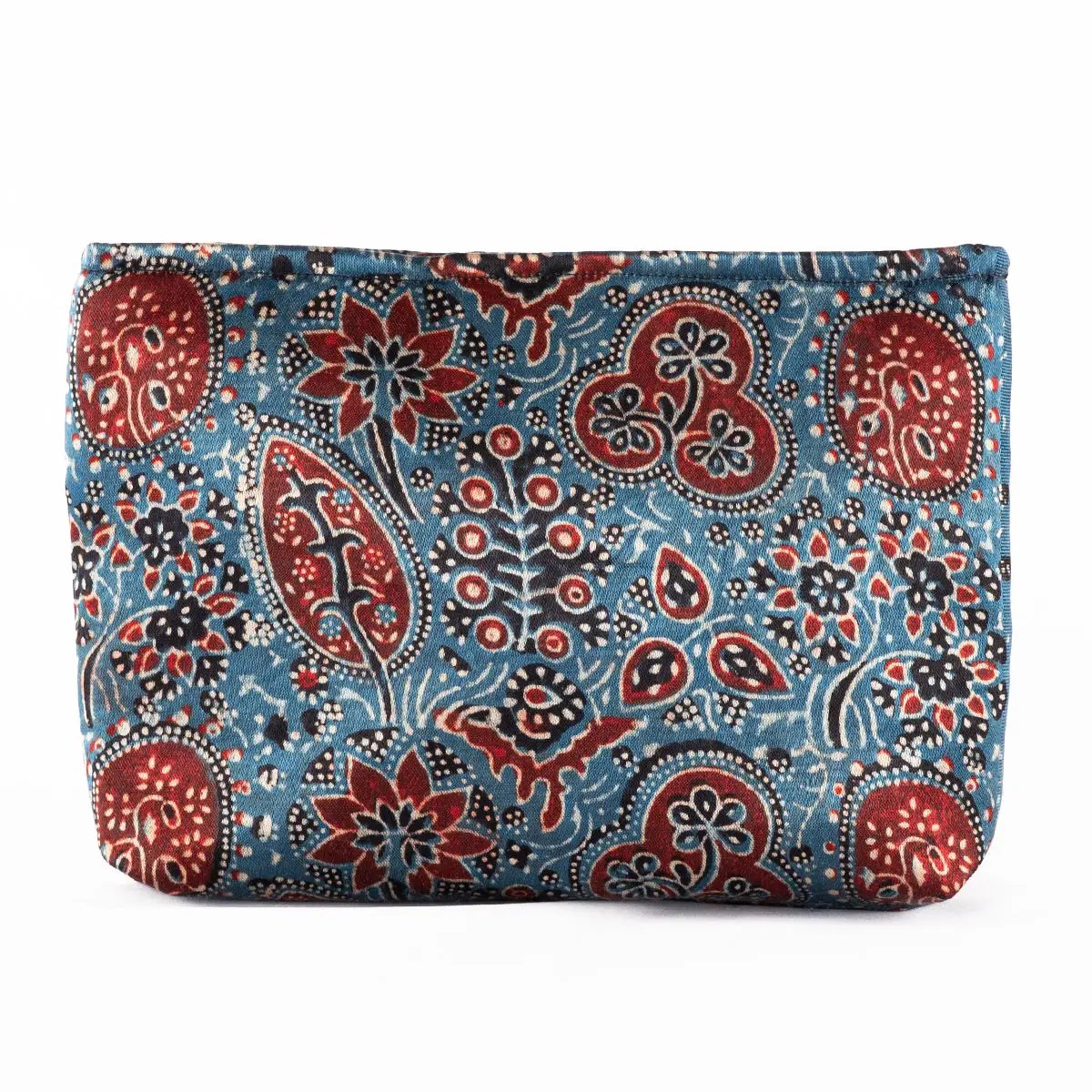 Hand-block Print Silk Travel Case Set of 3 - Blue Red Black Floral by SVEZElife