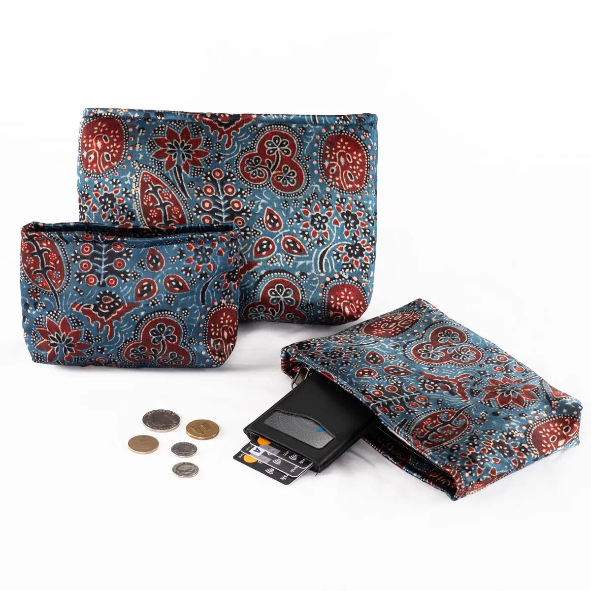 Hand-block Print Silk Travel Case Set of 3 - Blue Red Black Floral by SVEZElife