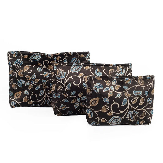 Ajrakh Hand-block Print Silk Travel Case - Set of 3 - Black Gold Blue Floral Vine by SVEZElife
