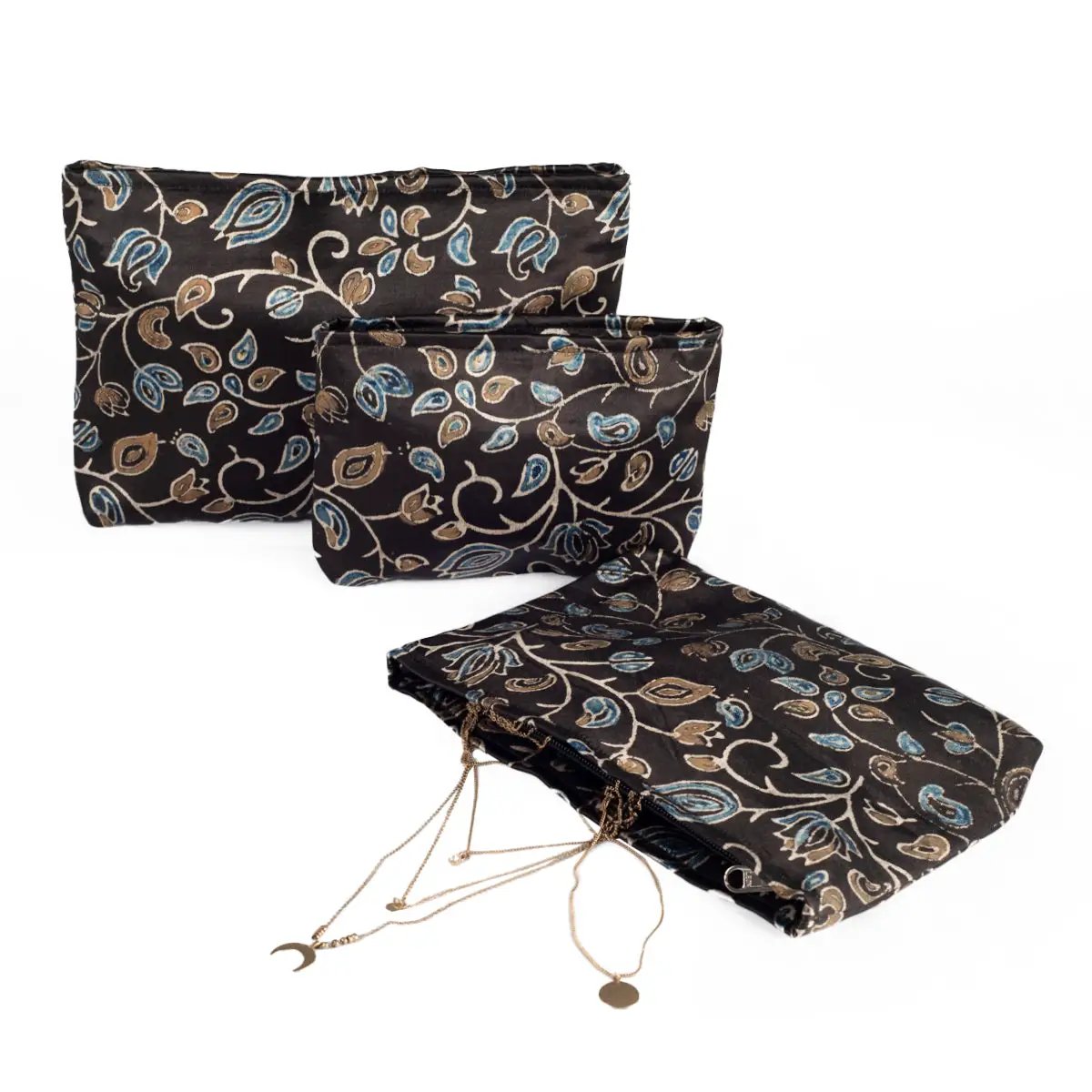 Ajrakh Hand-block Print Silk Travel Case - Set of 3 - Black Gold Blue Floral Vine by SVEZElife