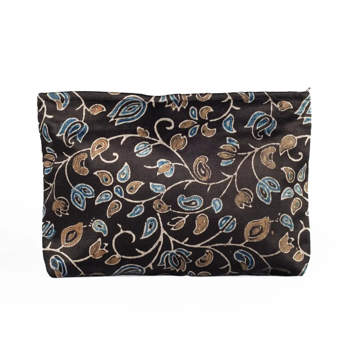 Ajrakh Hand-block Print Silk Travel Case - Set of 3 - Black Gold Blue Floral Vine by SVEZElife