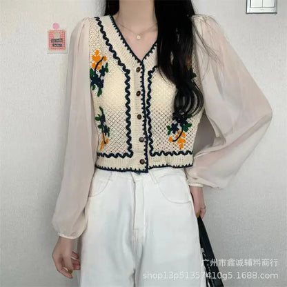 New Embroidered Lace Collar Short-Sleeved Chiffon Blouse for Women - Minimalist Chic Style, with Open and Loose Fit Top. by All Mart Bristol Ltd