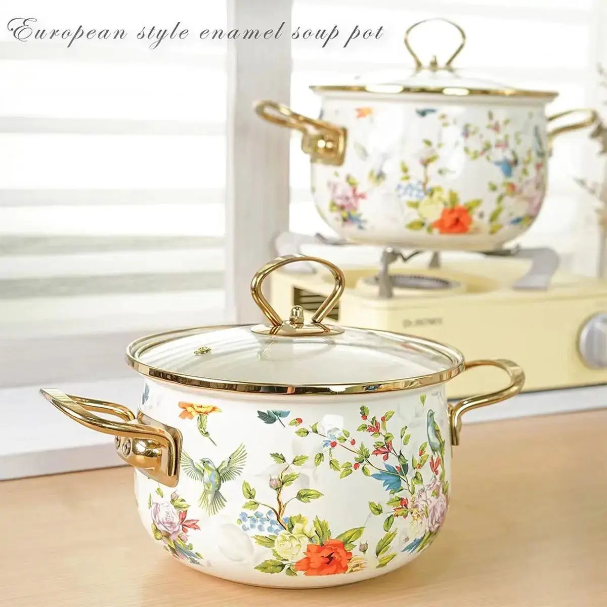 Floral Pattern Ceramic Stockpot, 1 Count Large Capacity Soup Pot Stew Pot with Glass Lid & Metal Handle, Household Cookware for Kitchen by All Mart Bristol Ltd
