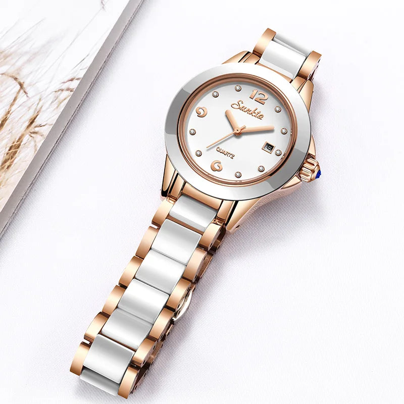 Sunkta Fashion Casual Quartz Woman Watch Elegant Luxury Ceramics Diamond Calendar Waterproof Ladies Women's Watches Montre Femme by All Mart Bristol Ltd