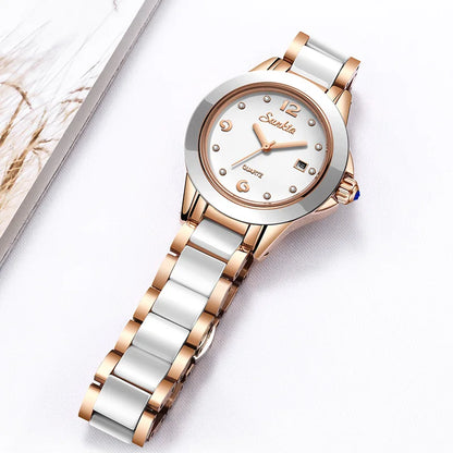 Sunkta Fashion Casual Quartz Woman Watch Elegant Luxury Ceramics Diamond Calendar Waterproof Ladies Women's Watches Montre Femme by All Mart Bristol Ltd
