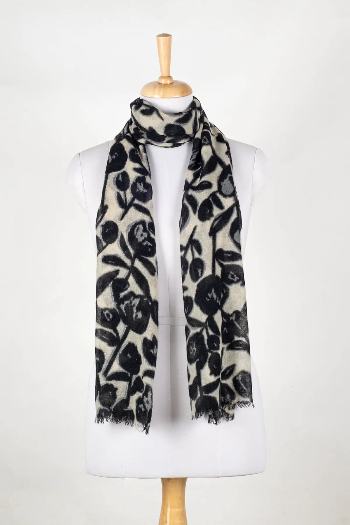 Buds and Flowers Merino Wool Scarf - Black White by SVEZElife