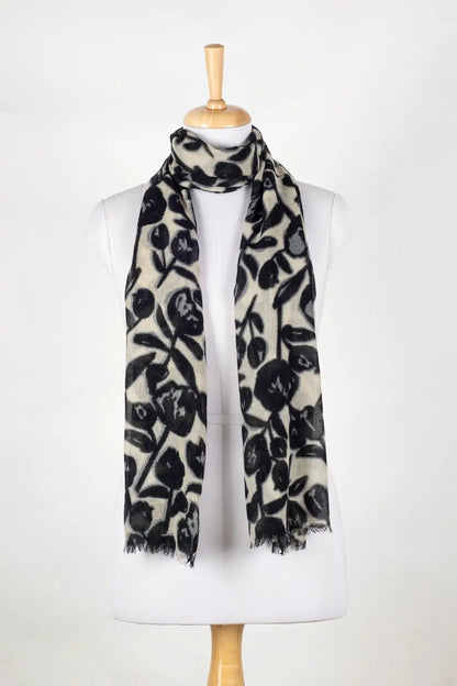 Buds and Flowers Merino Wool Scarf - Black White by SVEZElife