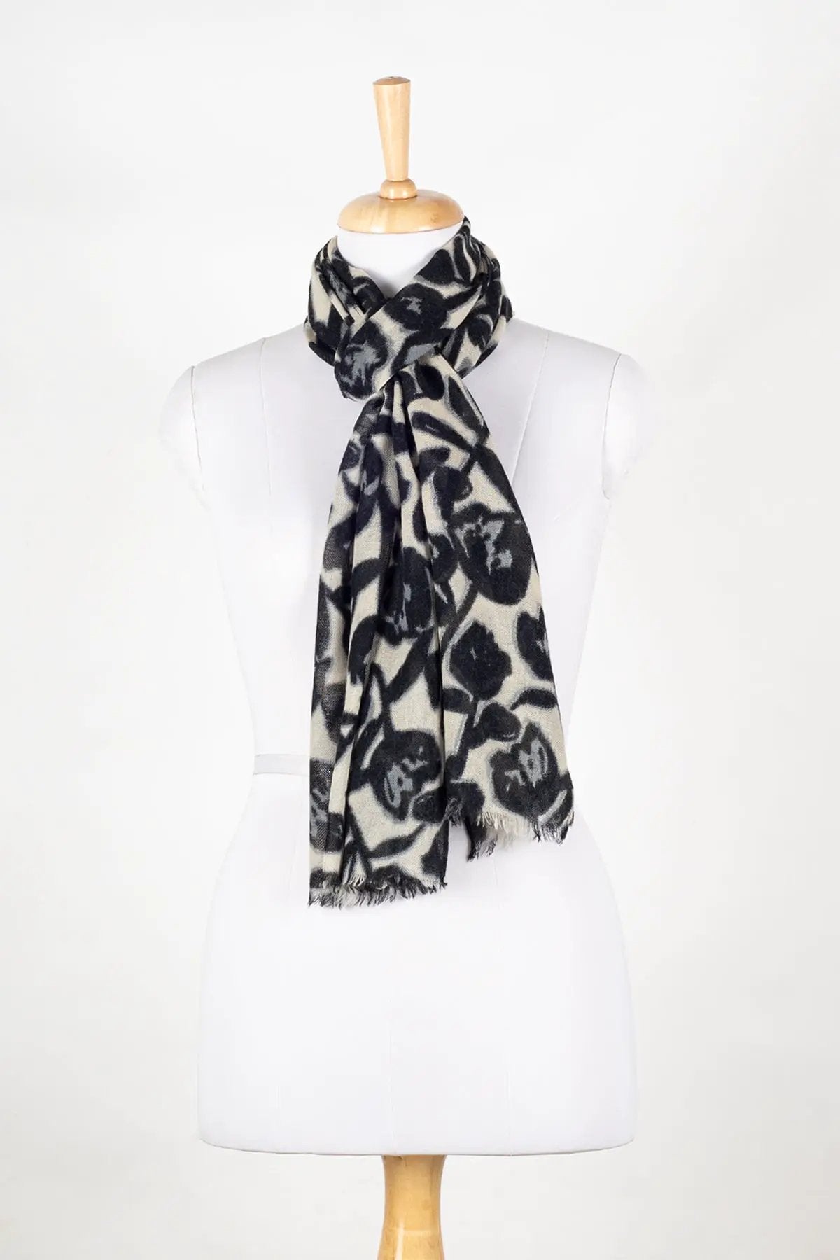 Buds and Flowers Merino Wool Scarf - Black White by SVEZElife