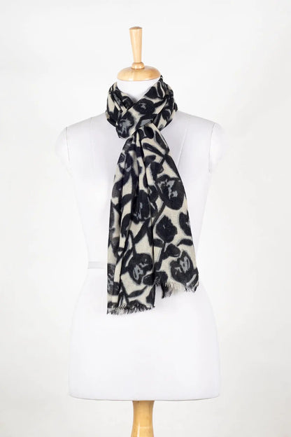 Buds and Flowers Merino Wool Scarf - Black White by SVEZElife