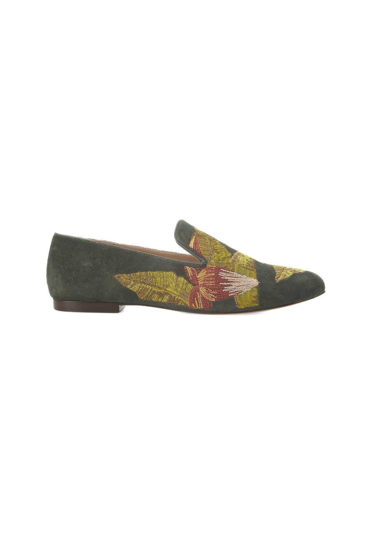 Green Suede Embroidered Loafers Women's Flats