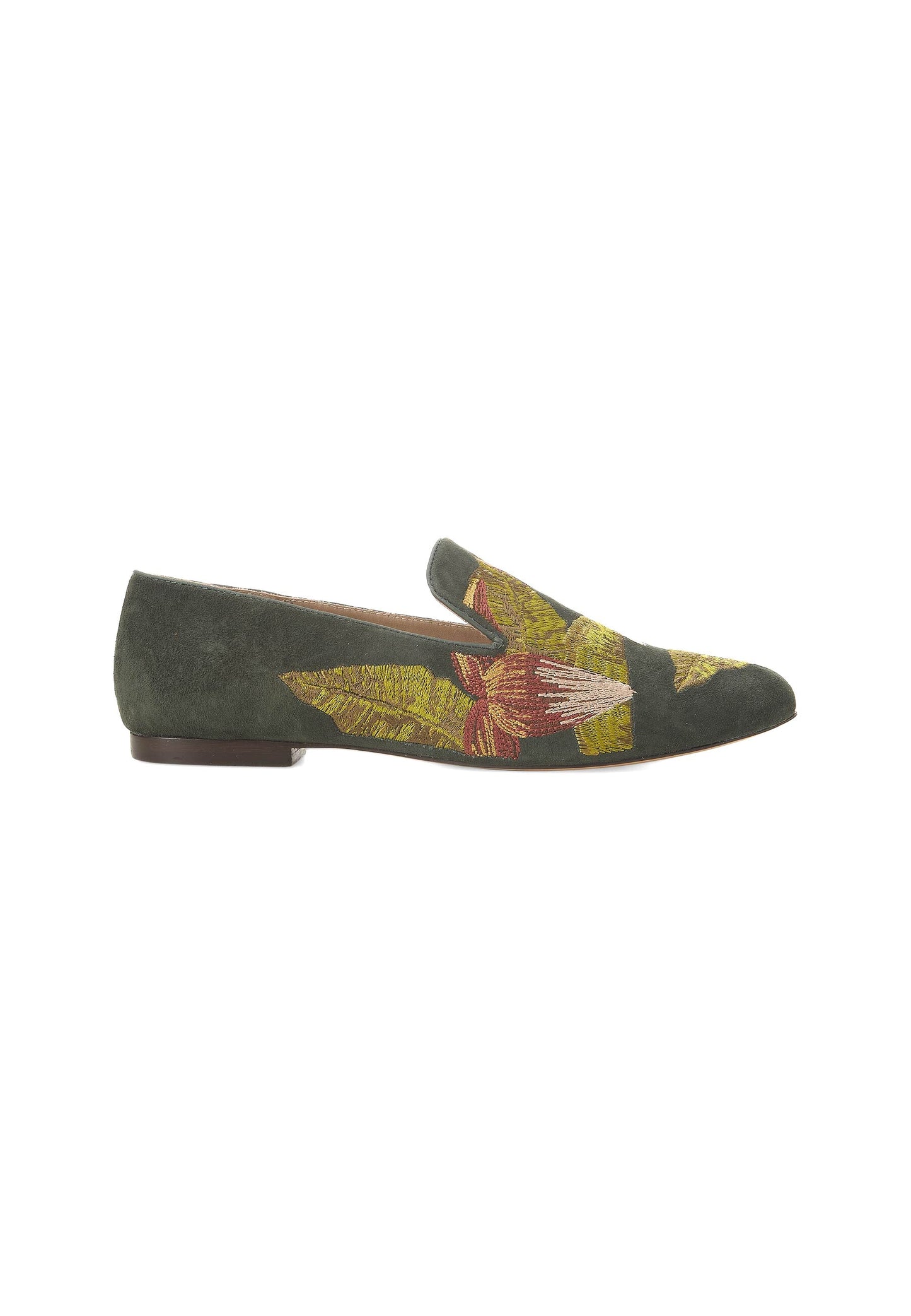Green Suede Embroidered Loafers Women's Flats