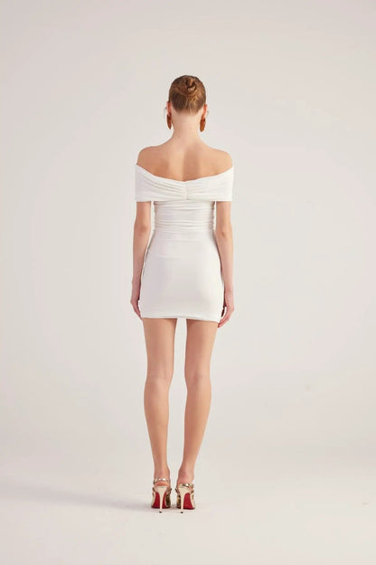 Muse White Bardot Neck Mini Dress by Holly Lolly