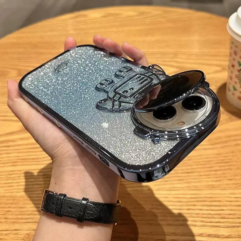 Glitter Astronaut Camera Stand Phone Case For I14 13 12 11 Pro Max XR 14 Plus Invisible Lens Bracket Plating Soft Cover by Dropshipman