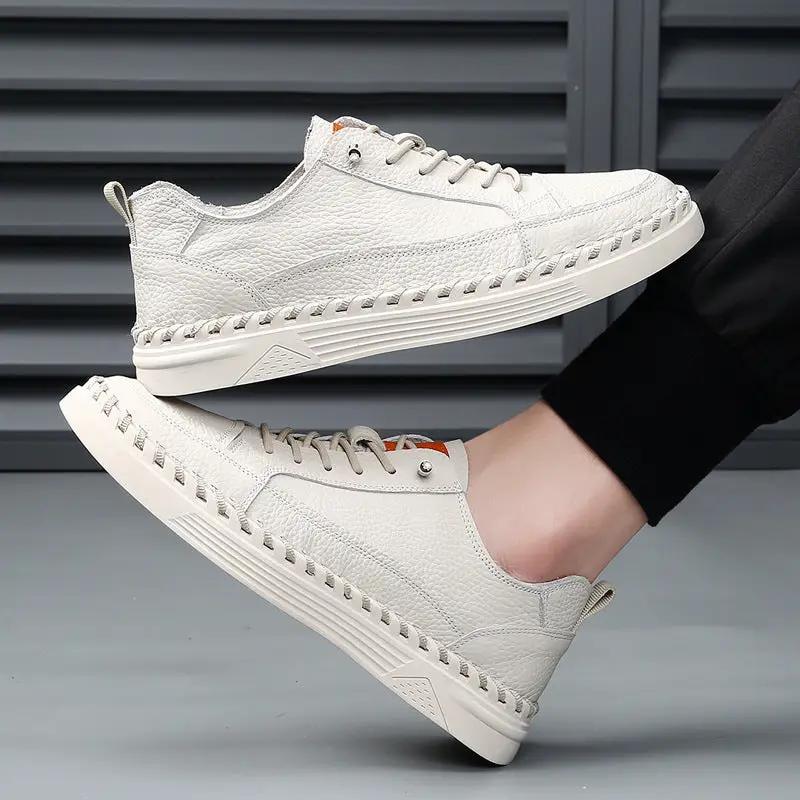 Men's Solid Color Versatile Genuine Leather Casual Sneakers by Dropshipman