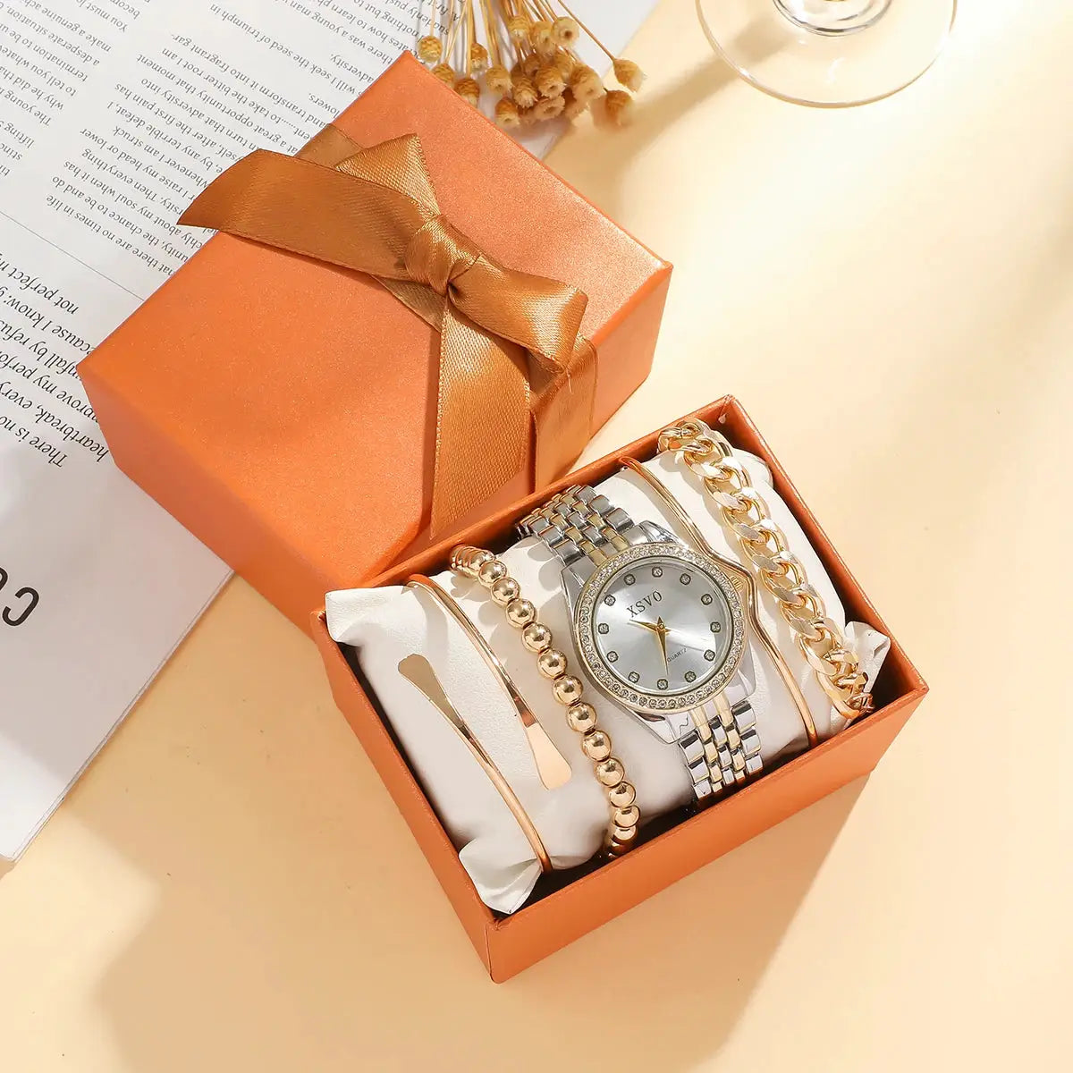 No gift box New style steel strap light luxury fashion quartz wristwatch pearl string bracelet 5 pieces set by All Mart Bristol Ltd