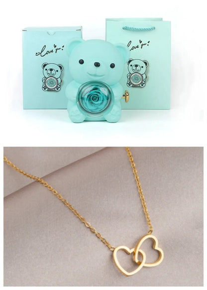 Rotating Bear Gift Box Eternal Rose Teddy Bear Jewelry Box With Necklace Valentine Wedding Special Present For Girlfriend Anniversary Gift Jewelry Box by Dropshipman