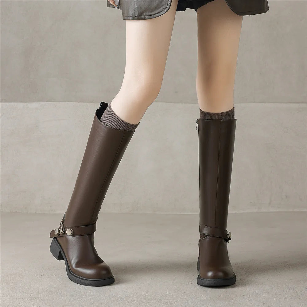 MILI-MIYA New Women's Cowhide Riding Boots Round-Toe Chunky Heel Solid-Colour Knee-High Boots Classic Metal Buckle Detail Handma by All Mart Bristol Ltd
