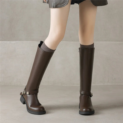 MILI-MIYA New Women's Cowhide Riding Boots Round-Toe Chunky Heel Solid-Colour Knee-High Boots Classic Metal Buckle Detail Handma by All Mart Bristol Ltd