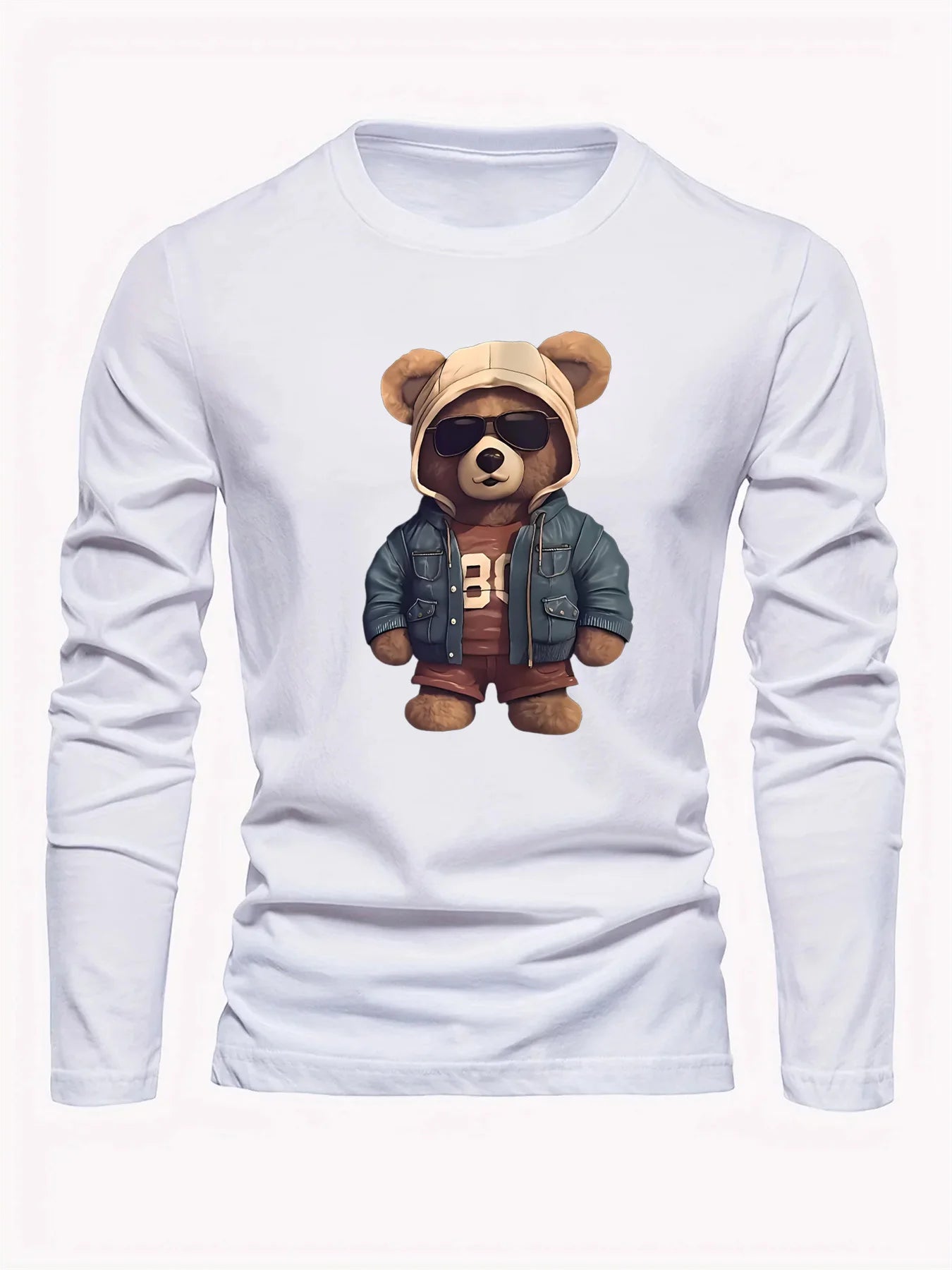 100 cotton men's casual long sleeved round neck loose bear pattern printed autumn and winter T-shirt top versatile by All Mart Bristol Ltd