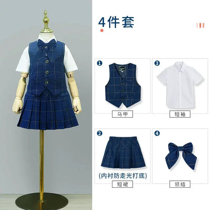 Kids British Plaid Vest Shirt Suit Pants Girls Waistcoat Blouse Skirts Children School Uniform Boys Korean Students Clothes Set