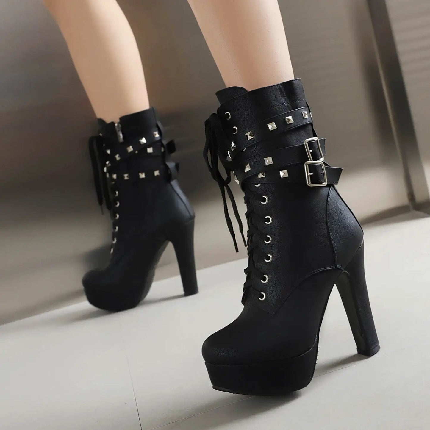 Thick-heeled Rivet Tie Plus Size Martin Boots by Dropshipman