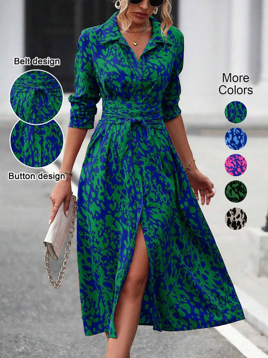 Women'S Spring Autumn Elegant Boho Casual Wear Geometric Tie Dye Print Button Front Belt Midi Dress, Long Sleeve Fitted Design, Multiple Color Options, Womenswear by All Mart Bristol Ltd