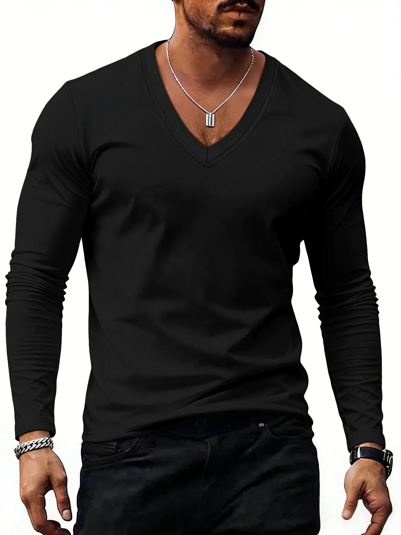 Men V Neck Solid Color Long Sleeve T Shirt Casual Slim Fit Basic Tops for Spring Autumn Daily Wear by All Mart Bristol Ltd
