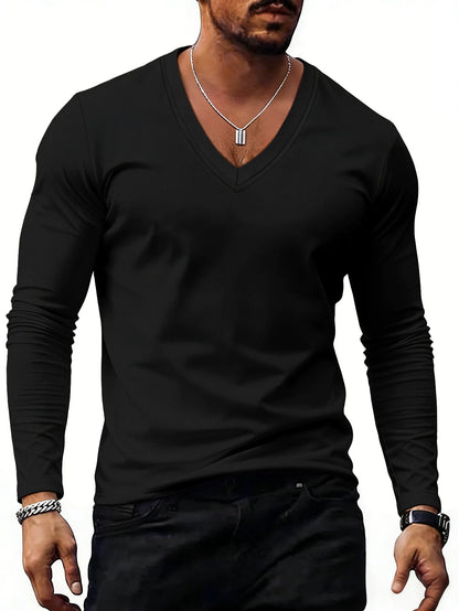 Men V Neck Solid Color Long Sleeve T Shirt Casual Slim Fit Basic Tops for Spring Autumn Daily Wear by All Mart Bristol Ltd
