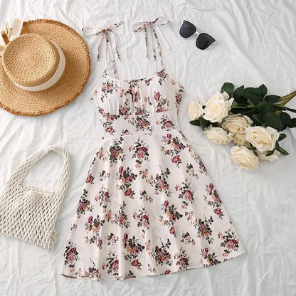 Floral Print Dress Summer Sweet A- Line Waist Trimming Dresses Women's Slimming Casual Clothing by Dropshipman