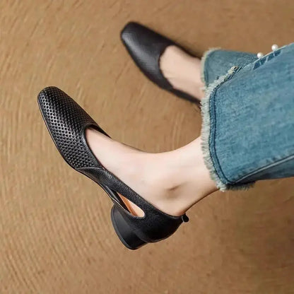 Spring Summer Women's Breathable Square Toe Low Heel Slip On Flats - French Vintage Soft Sole Casual Commuter Office Shoes by All Mart Bristol Ltd